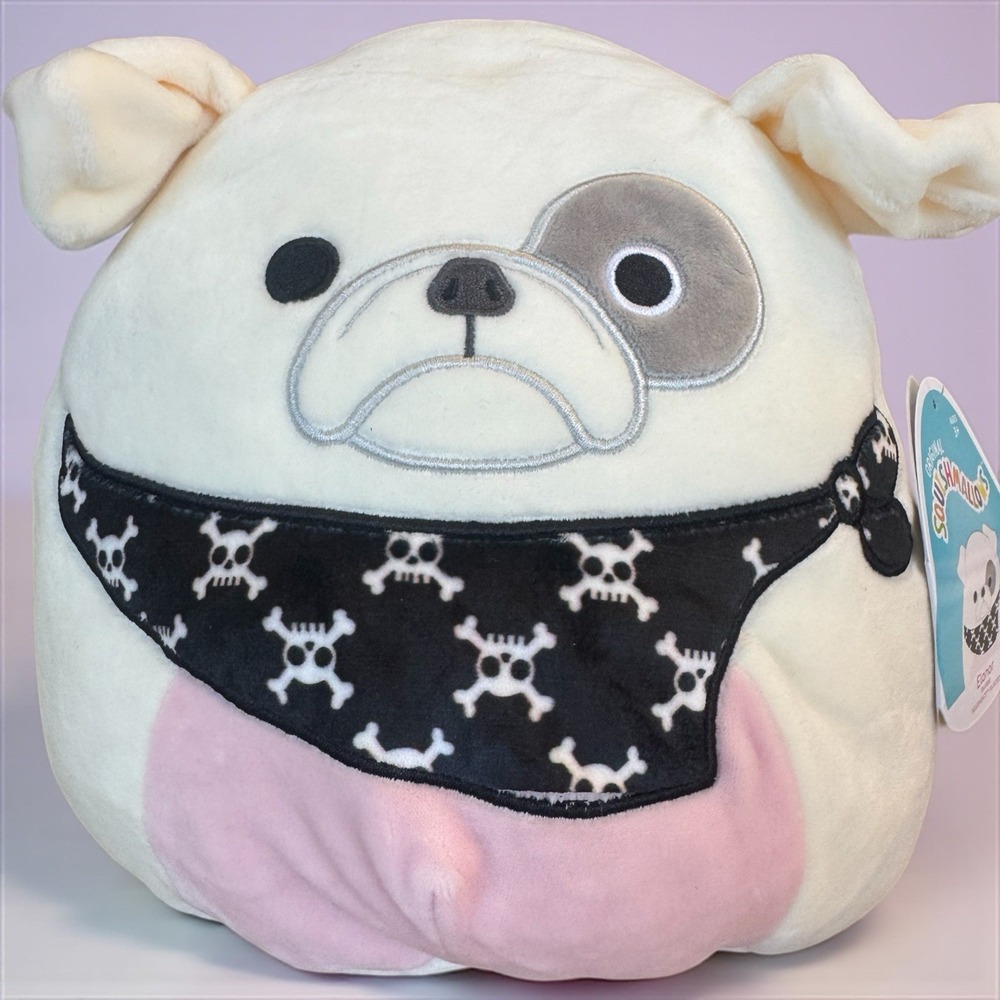 Squishmallow Elanor Bulldog 8" Plush 2021‎ Skull Bandana Kellytoy NWT